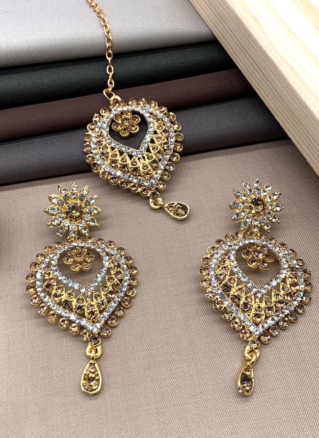 Silver Gold Stone Studded Shining Earrings With Maang Tikka